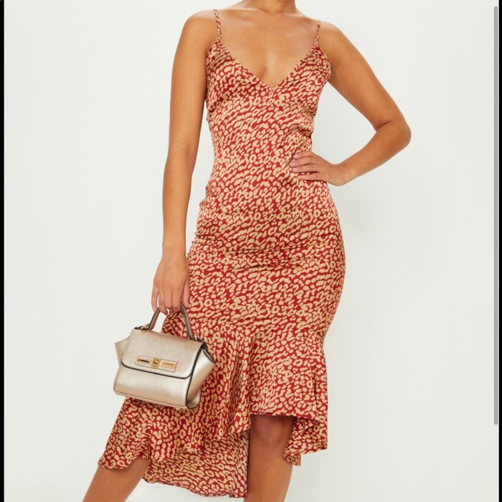 Red Leopard Print Frill Hem Midi Dress